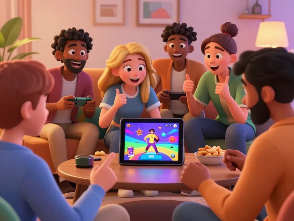 Engaging friends playing gay porn games on a tablet in a cozy environment.