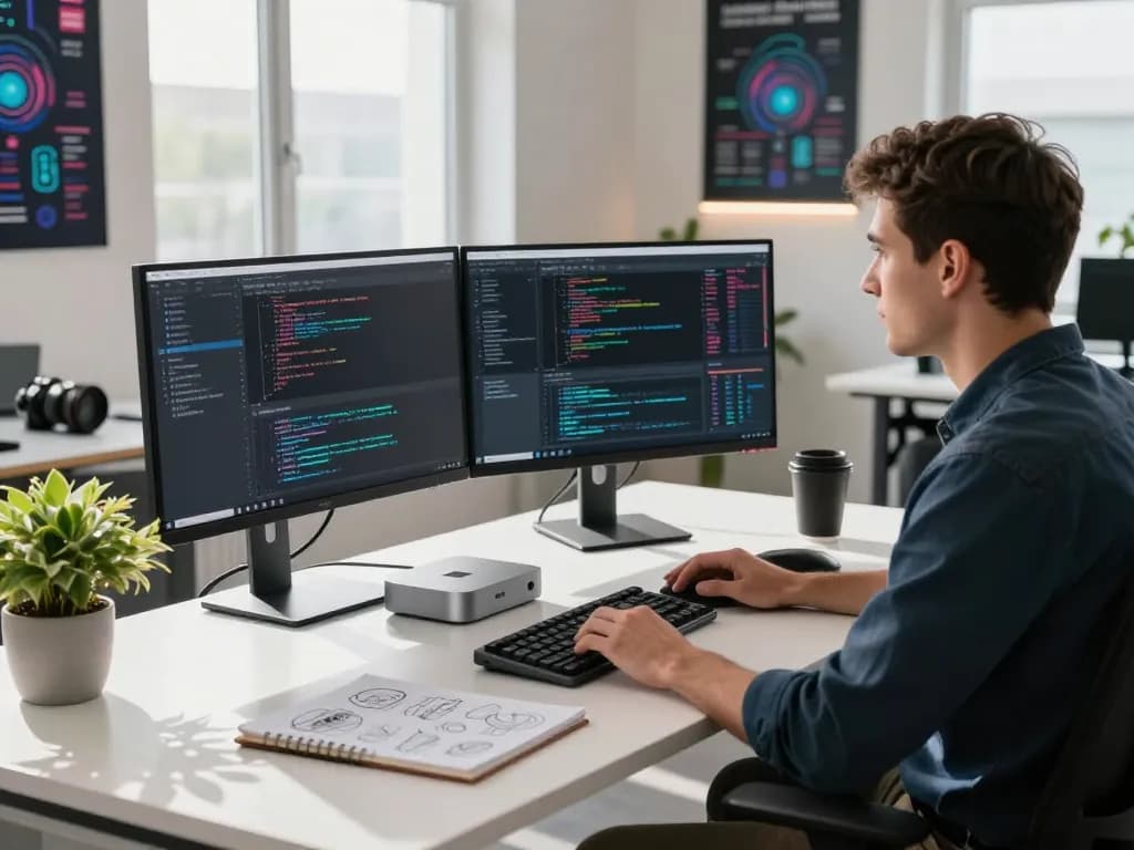 Developer using a mac mini in a bright, modern workspace with coding interfaces, vibrant atmosphere, and natural light.