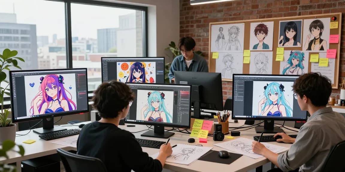 AI ecchi character design studio with artists collaborating on vibrant illustrations, showcasing dynamic creativity and technology.