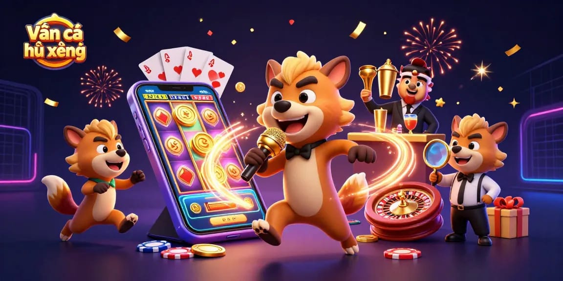 Engage in Bạn cá nổ hũ xèng as playful hyenas entertain in a vibrant casino scene.