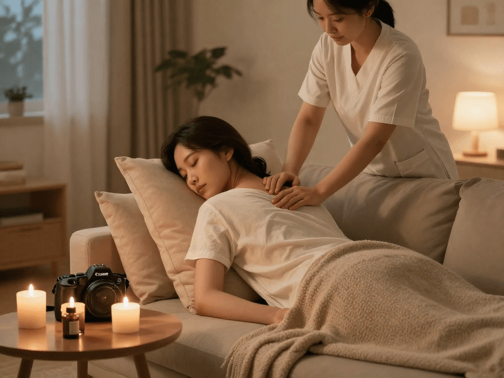Relaxing 신림출장안마 massage in a cozy home environment during the evening.