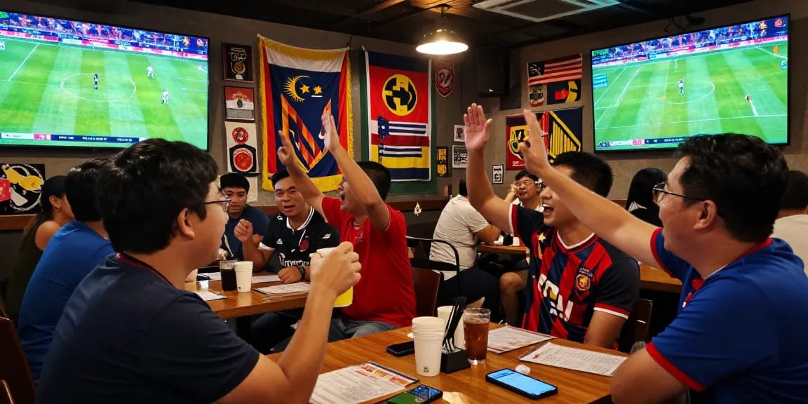 Exciting football betting Malaysia scene with fans celebrating goals in a sports bar.