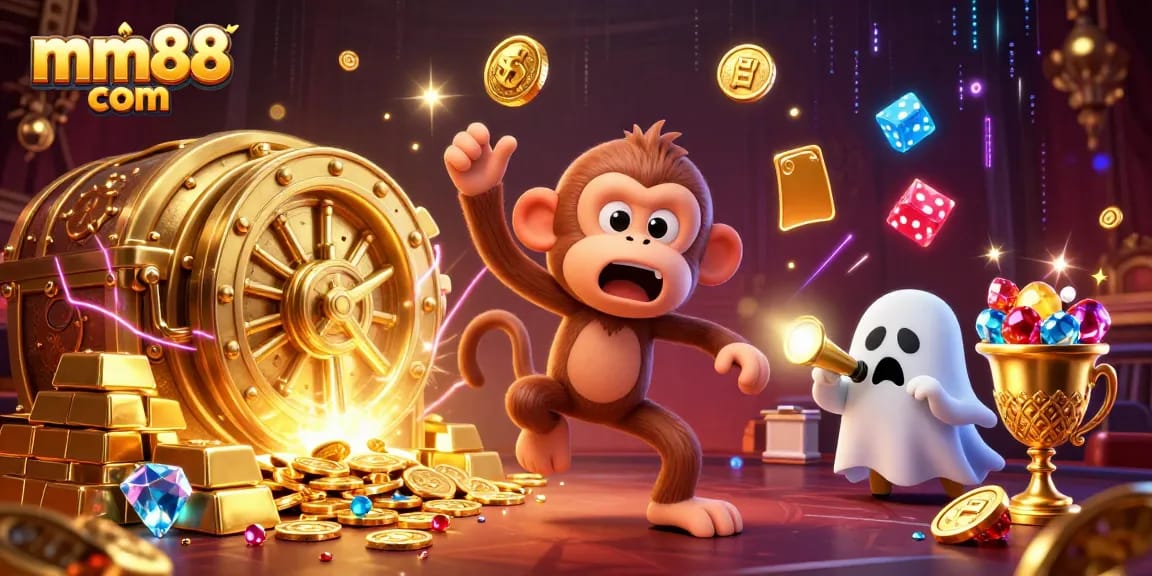 Experience thrilling gaming at mm88 com with a lively haunted casino scene featuring energetic characters.