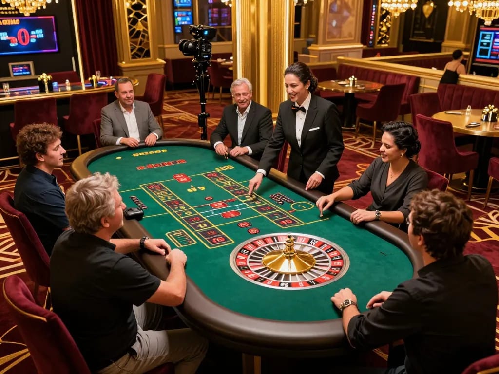 CM88 roulette table in an upscale casino with players placing bets and croupier managing the game