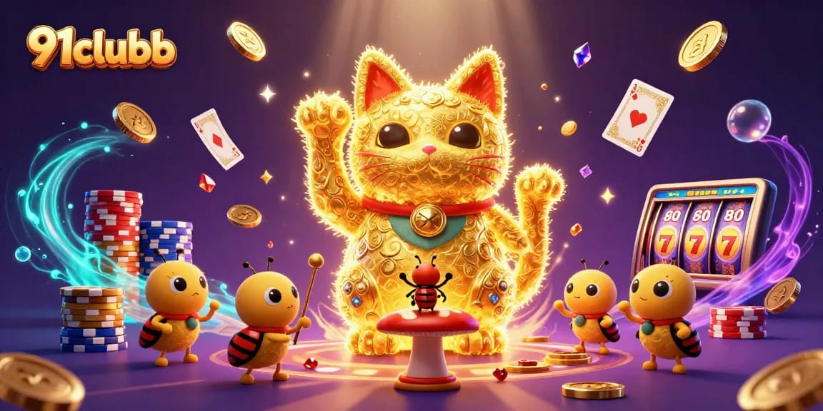 Immerse in the magical world of 91clubb with a dynamic illustration of a lucky cat and casino symbols.