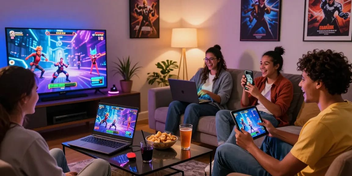 Excited friends playing gay porn games on multiple devices in a stylish living room.