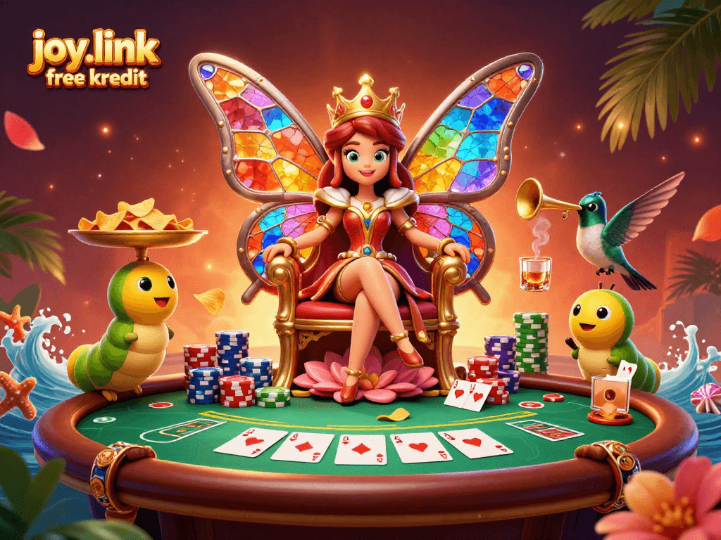 Engage in thrilling poker with joy.link free kredit featuring a vibrant butterfly queen and casino treasures.