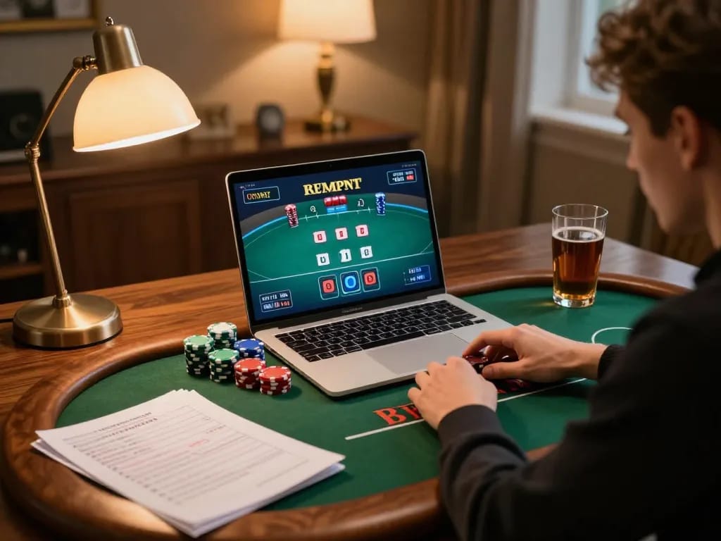 Player strategizing in a cozy home office while engaging with f8betlv poker game on laptop.