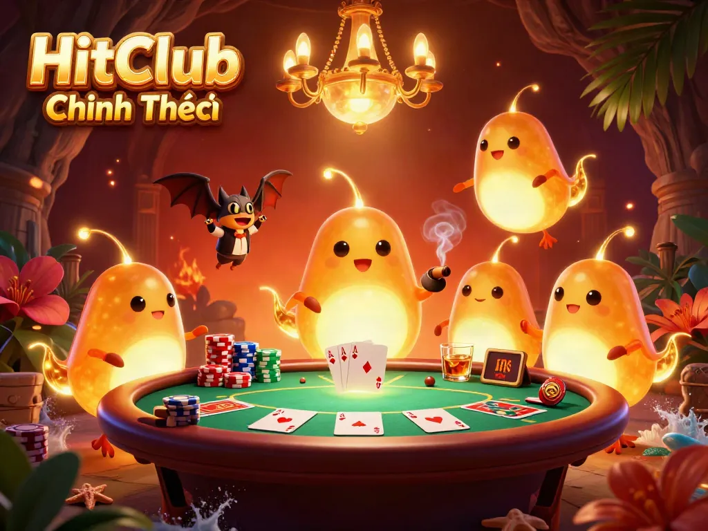 Experience the HitClub Chính Thức magic with glowworms in a vibrant casino scene.