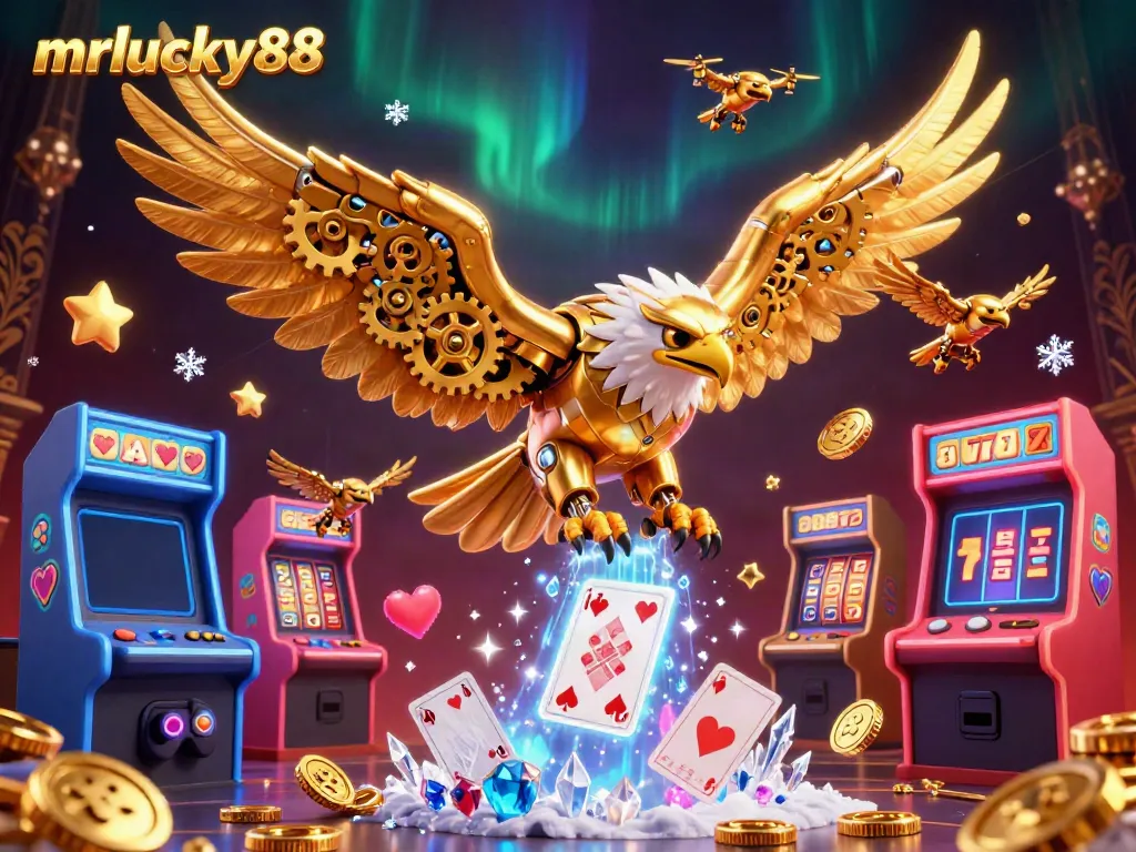 Experience the thrill of mrlucky88 with a stunning 3D casino scene featuring a cybernetic eagle amid vibrant gaming elements.