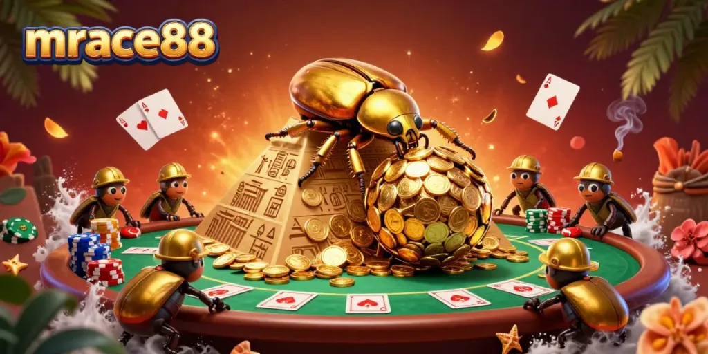 Experience thrilling gameplay at mrace88, where golden beetles illustrate a vibrant casino scene.