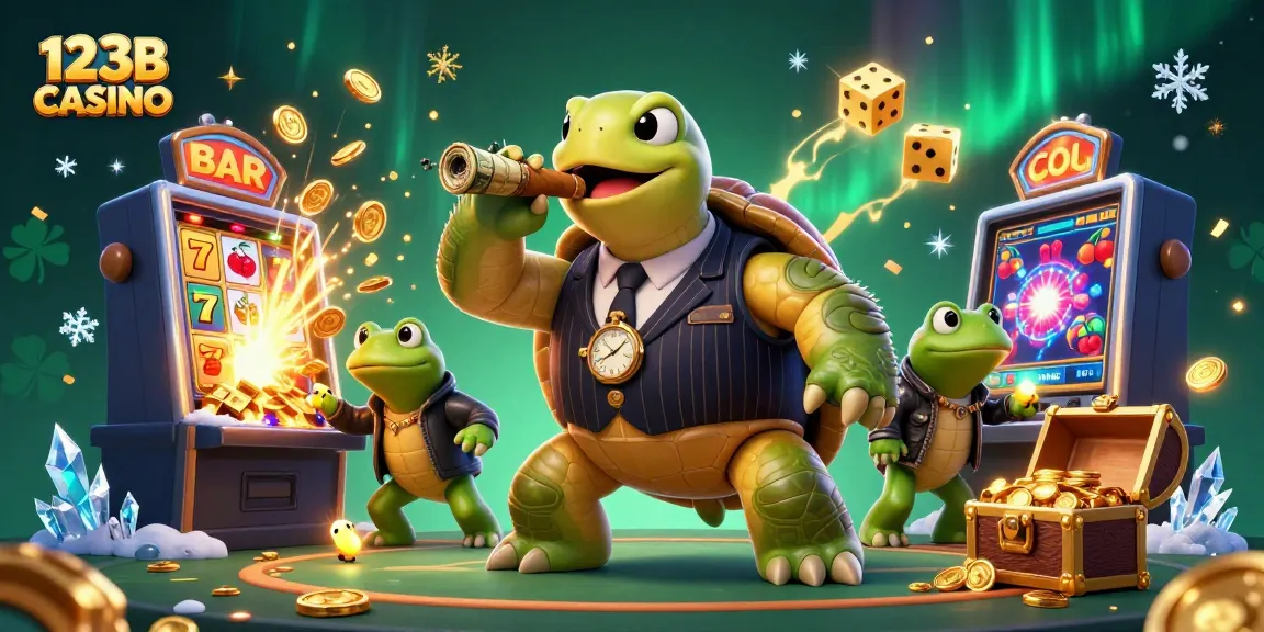 Experience the excitement of 123B CASINO with this dynamic 3D illustration showcasing a whimsical turtle and frog enforcers.