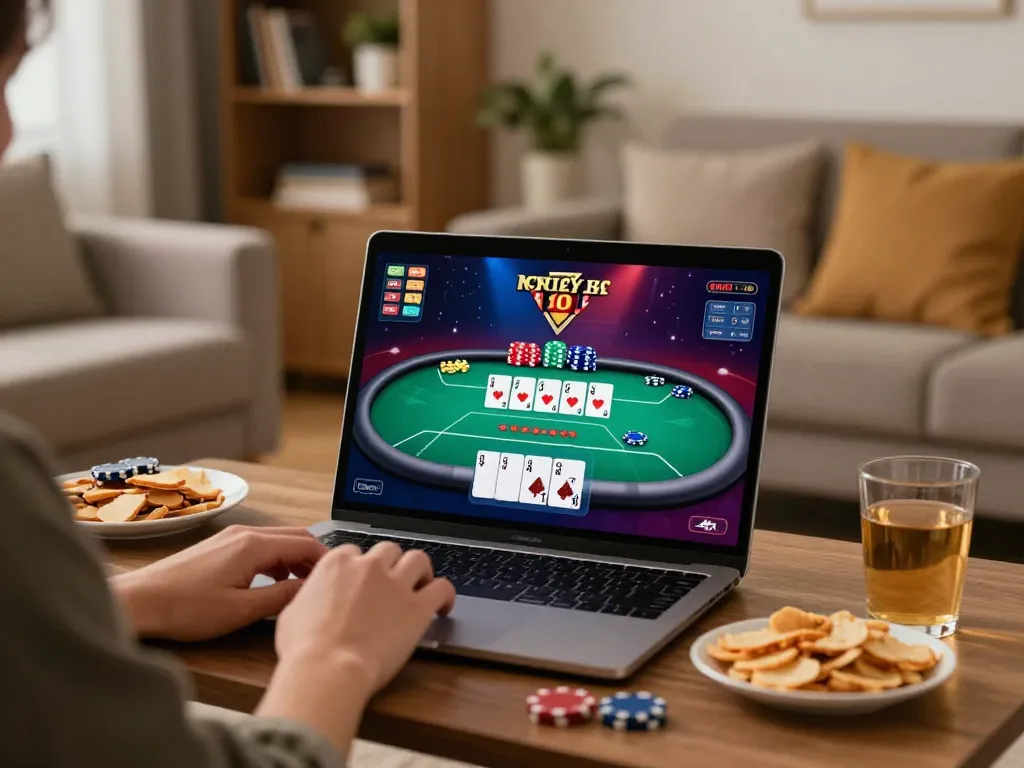 Engaging in m88 login for live poker gameplay on a laptop in a cozy home setting.