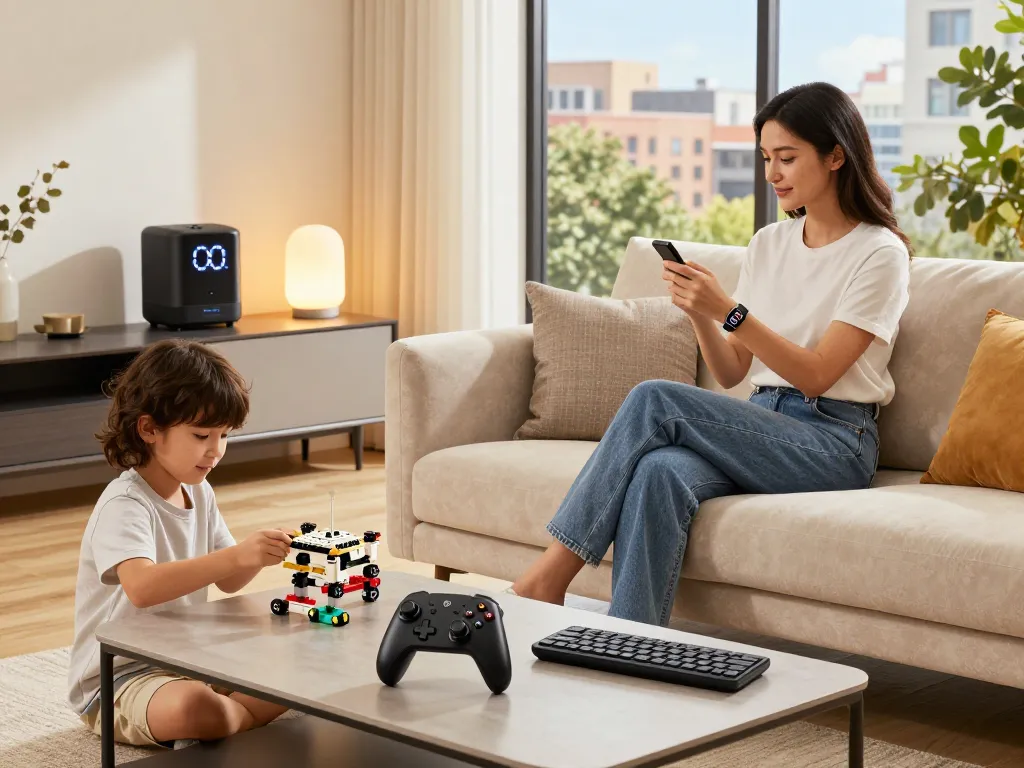 Women enjoying cool tech gadgets under $155 like Fitbit Charge 6 and Lego Mindstorms in a modern living room.