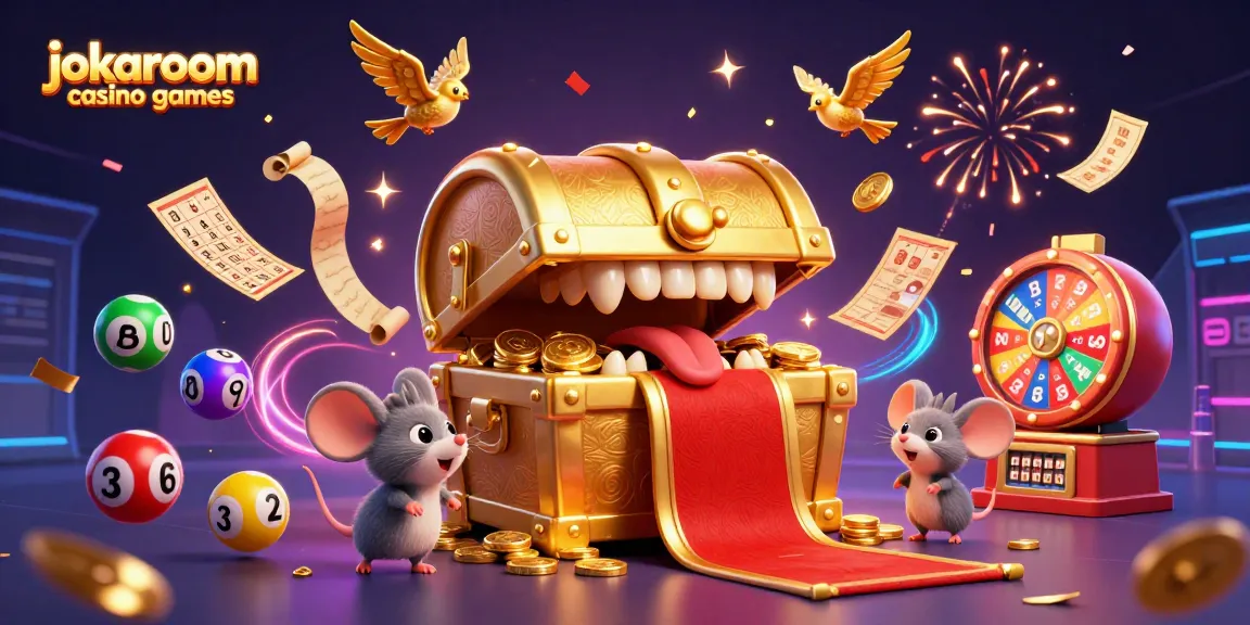 Experience the thrill of jokaroom casino games with golden treasures, dynamic lottery balls, and festive elements.
