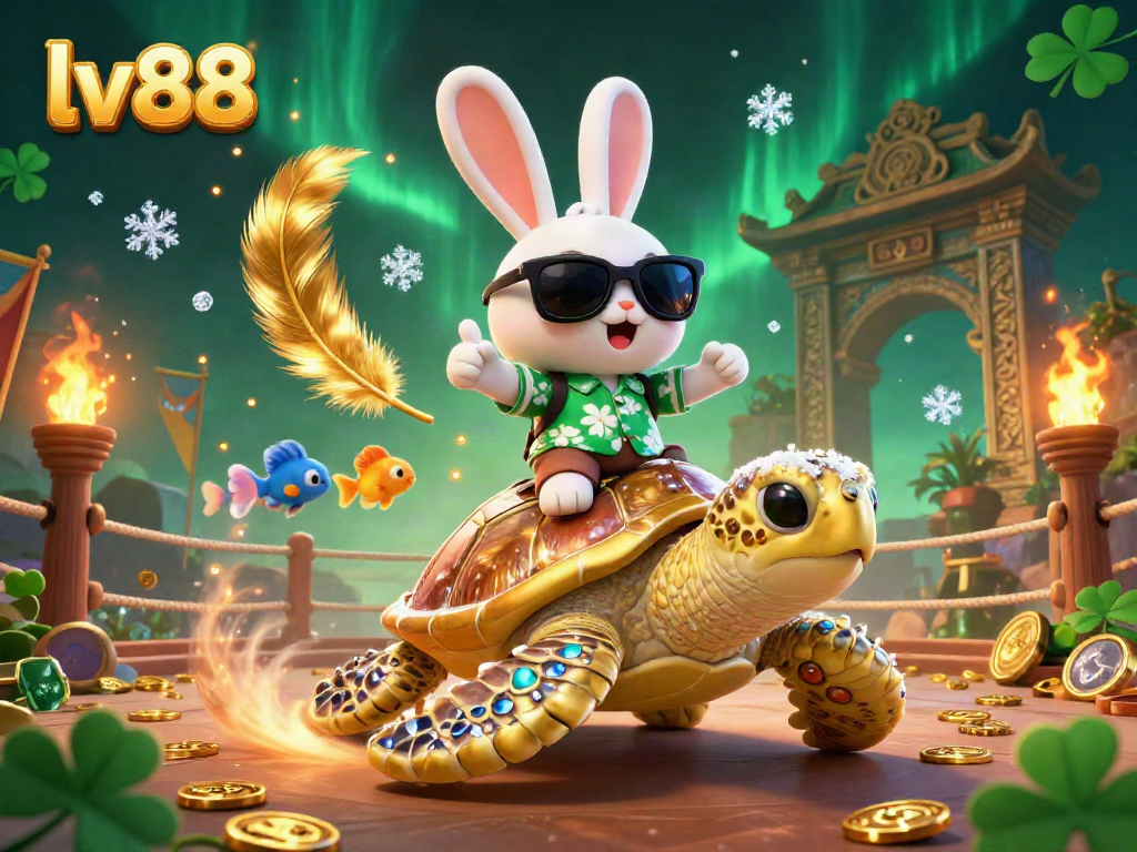 Join the fun at lv88 with a lively scene featuring a lucky rabbit and golden turtle in an energetic casino.