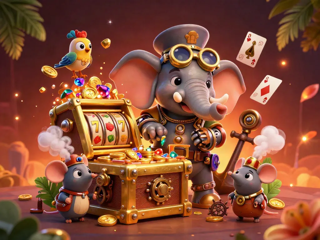 CM8's vibrant scene showcases a steampunk elephant at a golden slot machine amidst thrilling casino elements.
