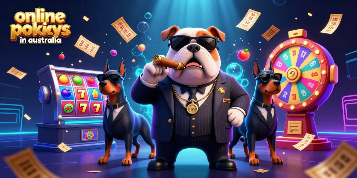 Experience the thrill of online pokies in Australia with vibrant slot reels, lucky 7s, and festive casino elements.