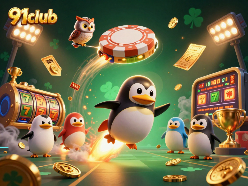 Experience thrilling gameplay at 91club with a dynamic casino scene featuring a colorful penguin and vibrant slot reels.
