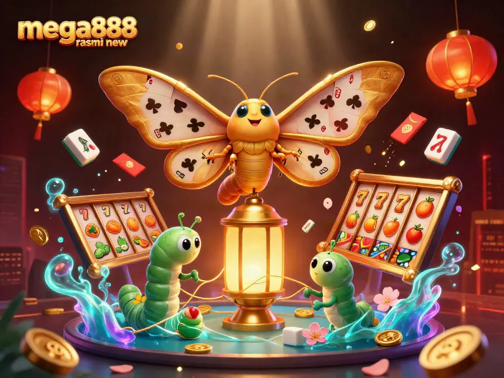 Win big with mega888 rasmi new, featuring an enchanting casino illustration filled with vibrant game elements.