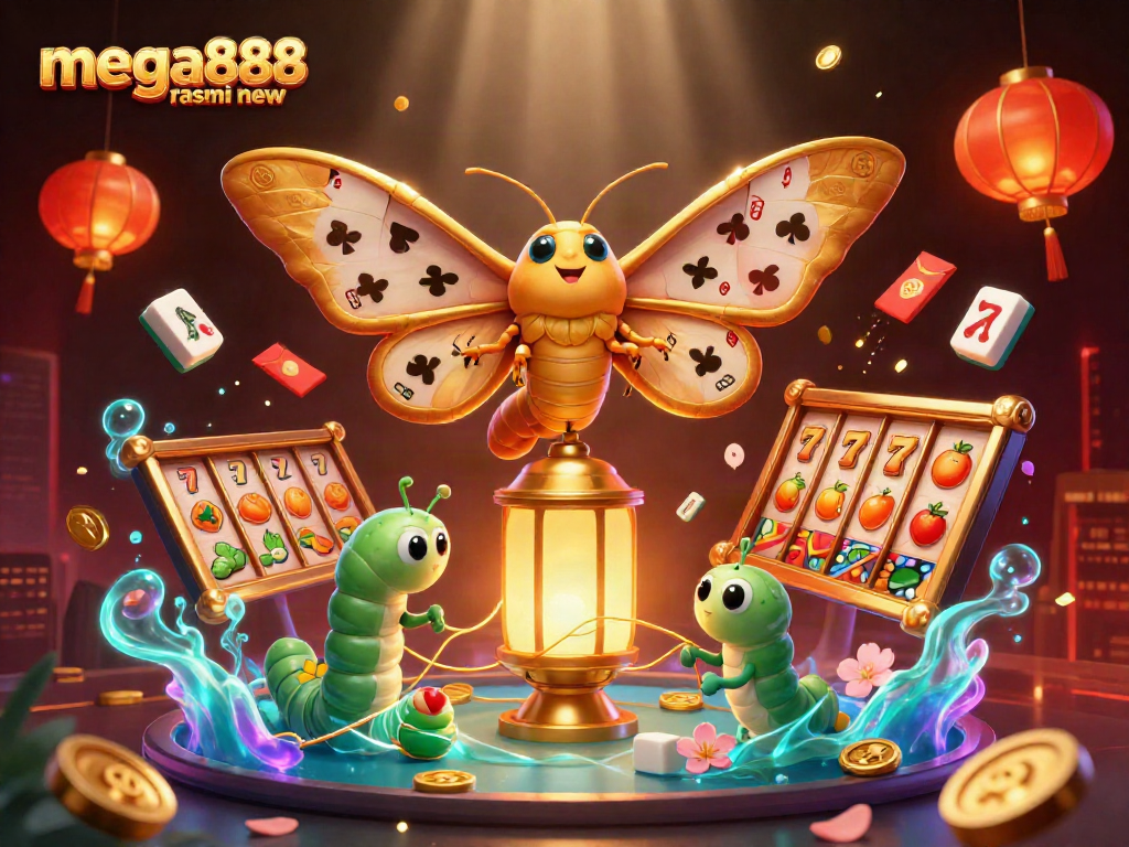 Win big with mega888 rasmi new, featuring an enchanting casino illustration filled with vibrant game elements.