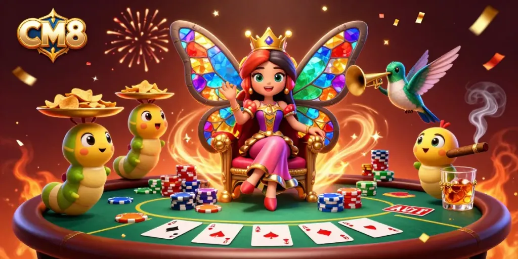 Engage in thrilling gameplay at CM8 with colorful poker chips and a vibrant atmosphere