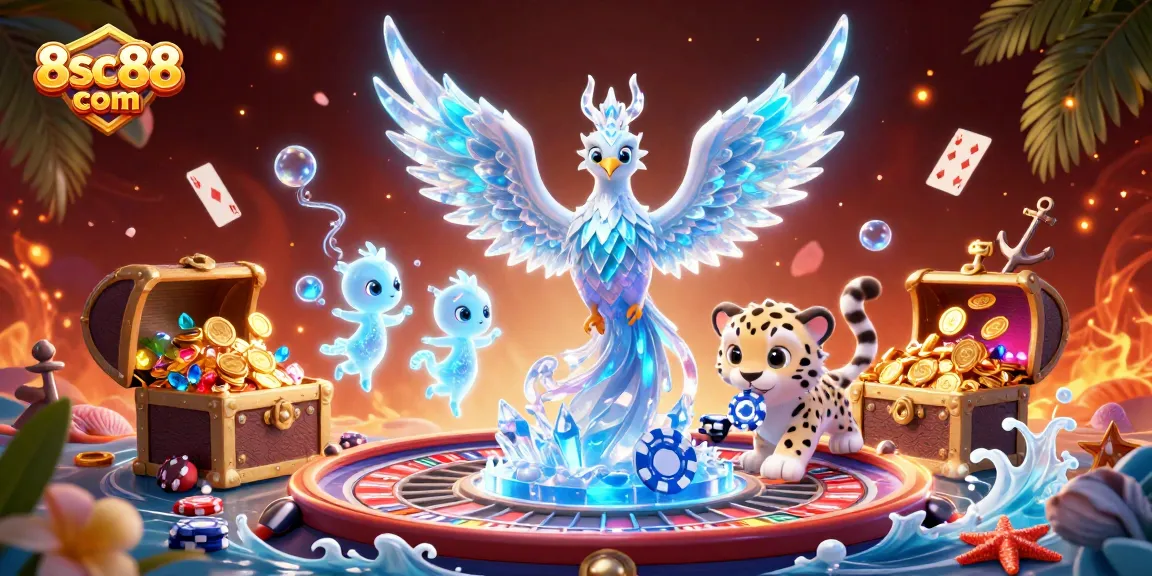 Experience thrilling casino gaming with 8sc88 com's stunning 3D illustration featuring dynamic characters and vibrant elements.