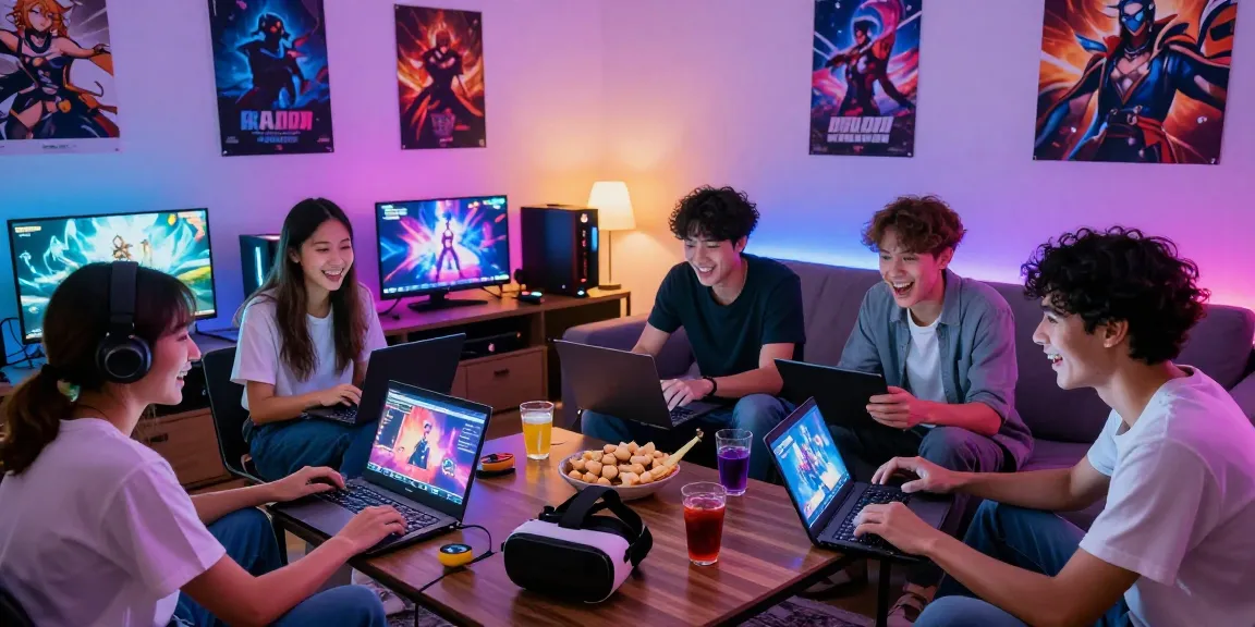 Playing engaging hentaigame with friends in a cozy living room setting