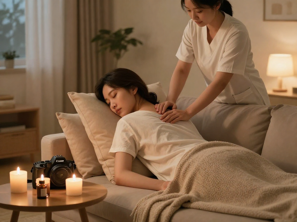 Relaxing 신림출장안마 massage in a cozy home environment during the evening.