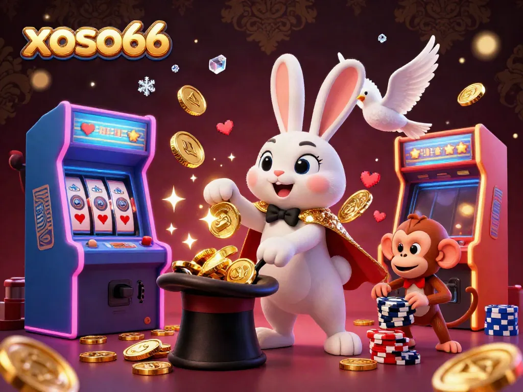 xoso66 promotes a magical casino experience with characters pulling in winnings and playing games.