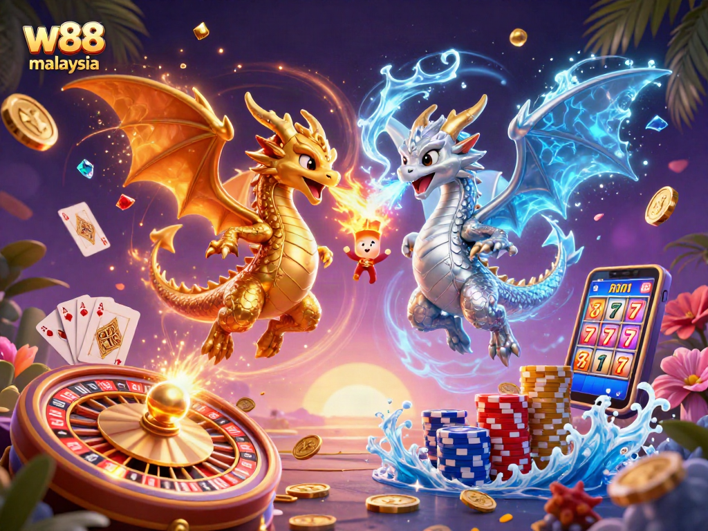 Experience thrilling gameplay with w88 Malaysia as cartoon dragons soar in a vibrant casino scene.