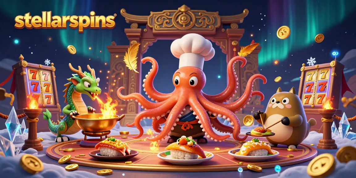 Engage with stellarspins as the sushi chef octopus prepares golden dishes amid a vibrant casino scene.