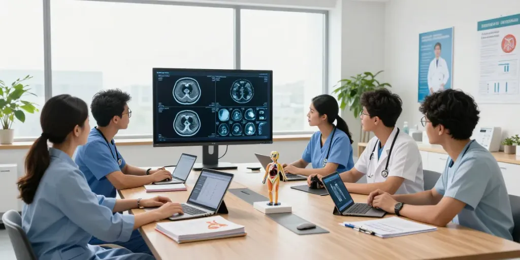 Students learning about radiology technologies at a modern medical classroom with CT scans, X-rays, and MRI images.
