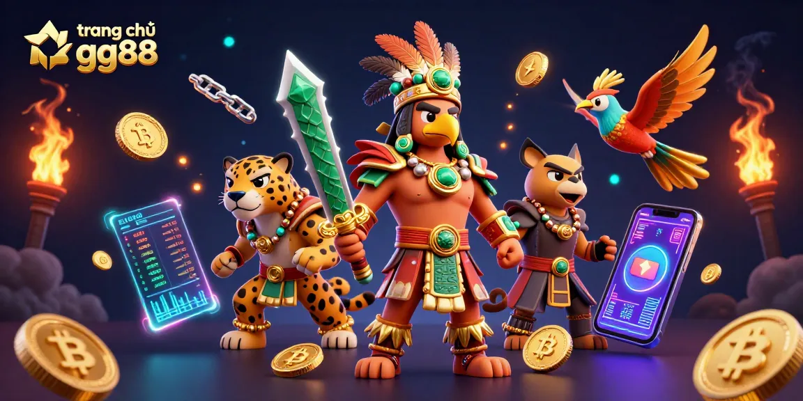 Experience the thrilling action at trang chủ gg88 with an Aztec warrior and cryptocurrency elements in a vibrant casino scene.