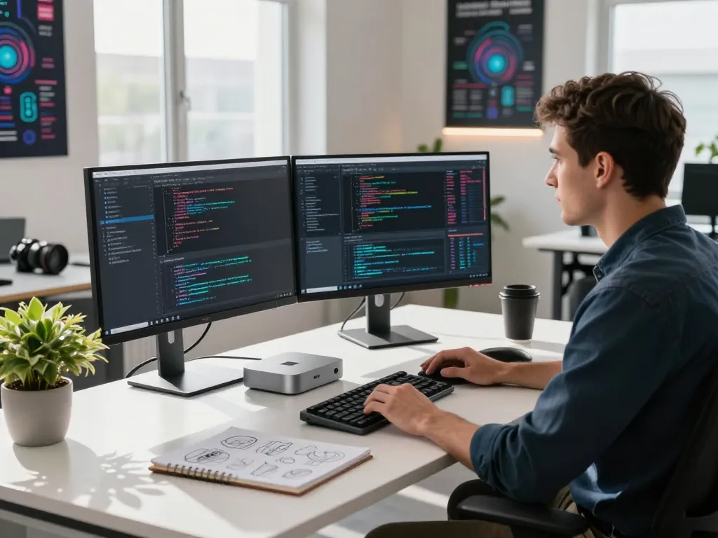 Developer using a mac mini in a bright, modern workspace with coding interfaces, vibrant atmosphere, and natural light.