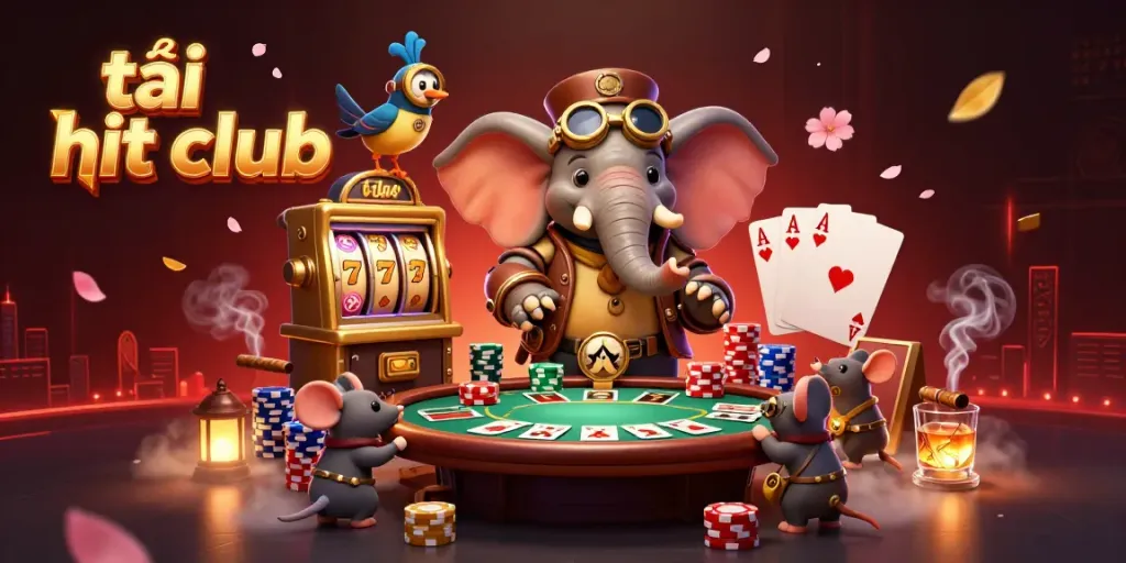 Engage in thrilling gameplay with tải hit club as a steampunk elephant spins the golden slot machine in this vibrant casino scene.