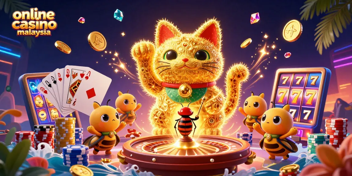 Engage with online casino malaysia through vibrant gameplay featuring a lucky cat and golden fireflies.