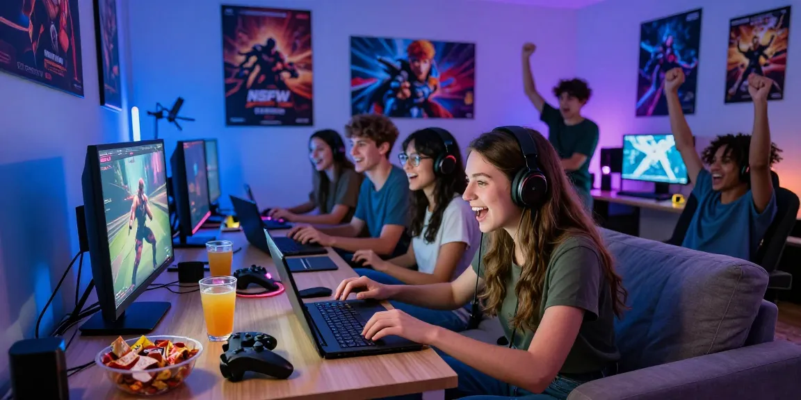Friends enjoying NSFW apk gaming night with vibrant atmosphere.