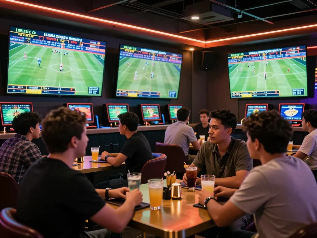 Tỷ lệ kèo nhà cái hôm nay showcased in a lively sports betting lounge with friends discussing bets and watching games.