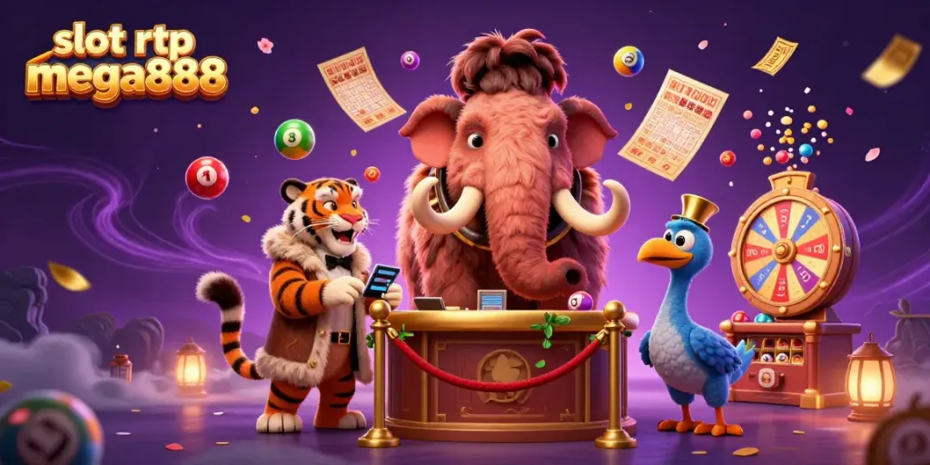 Engage with slot rtp mega888 in a vibrant casino scene featuring a woolly mammoth bouncer and VIP guest.