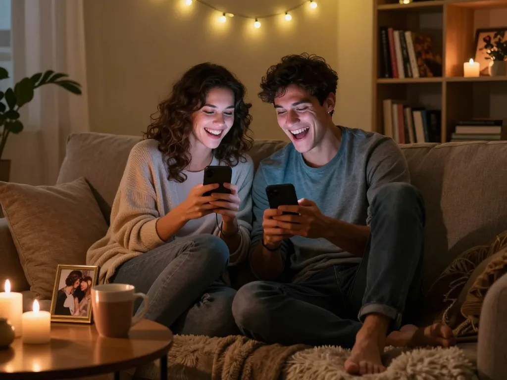 Couple enjoying playful ai sex chat on smartphones in a cozy environment.