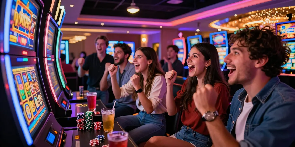 Exciting moment at a casino with friends celebrating a slot gacor malam ini win.