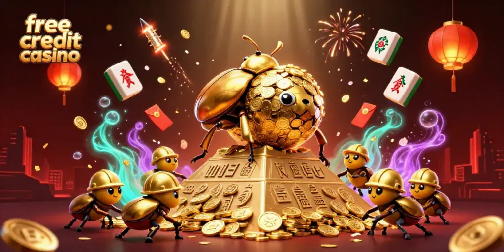 Engage with exciting promotions at free credit casino featuring lively 3D cartoon beetles and golden symbols.