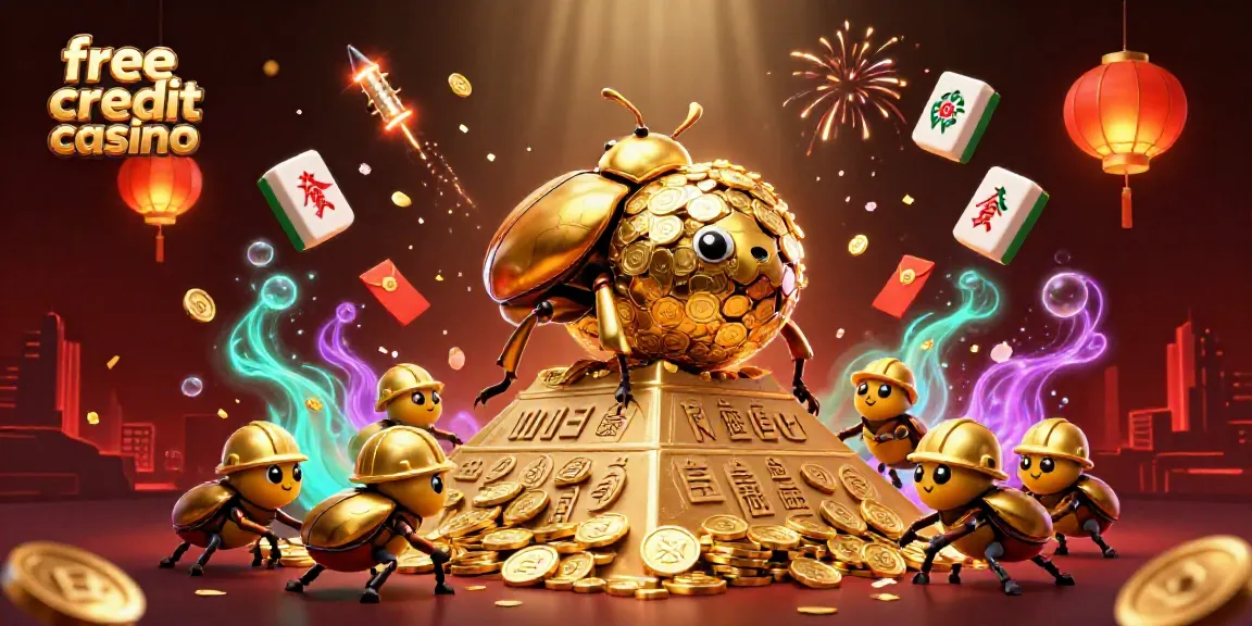 Engage with exciting promotions at free credit casino featuring lively 3D cartoon beetles and golden symbols.