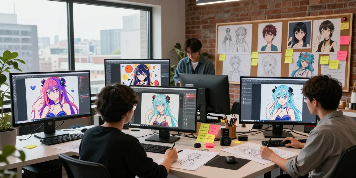 AI ecchi character design studio with artists collaborating on vibrant illustrations, showcasing dynamic creativity and technology.