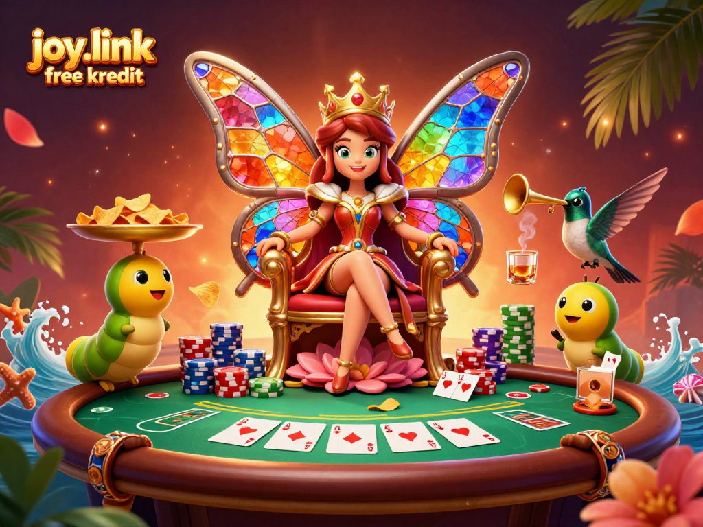 Engage in thrilling poker with joy.link free kredit featuring a vibrant butterfly queen and casino treasures.