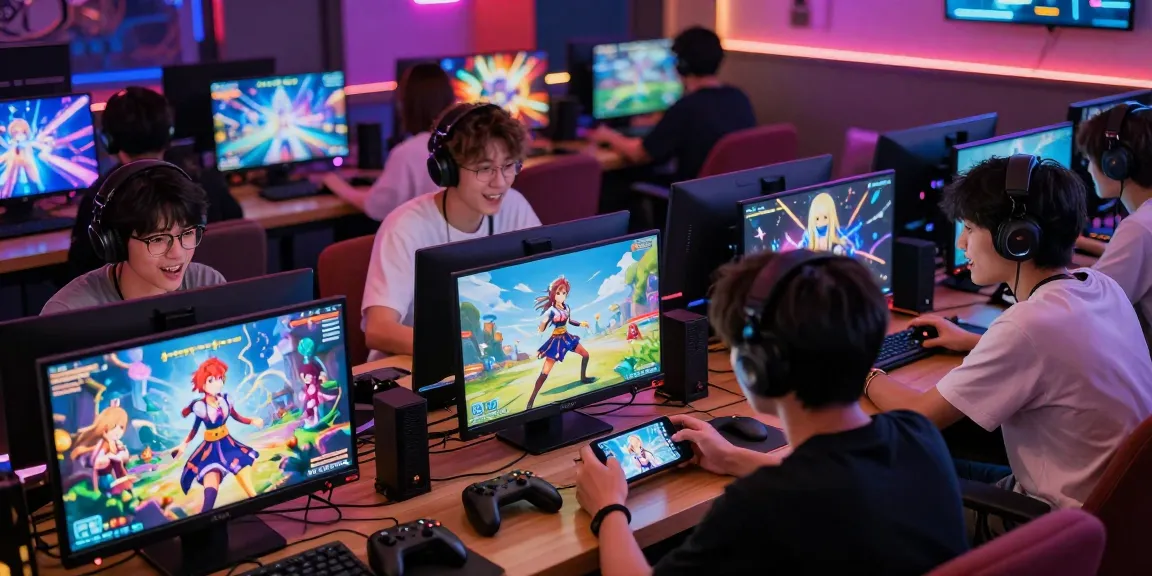 Engaging players enjoying ecchi games, vibrant gaming scene with animated characters and devices