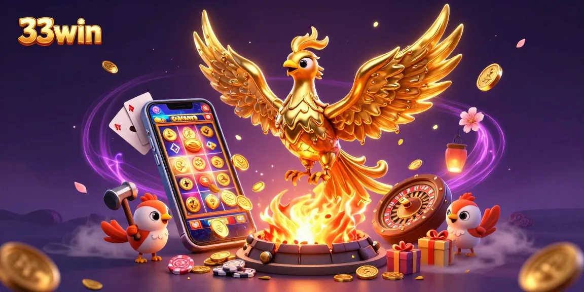 Experience exciting new games at 33win with the unique golden phoenix illustration and casino elements.