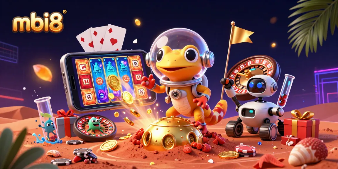 Play thrilling games at mbi8 with Martian gecko discovering a golden casino, celebrating with alien bacteria.