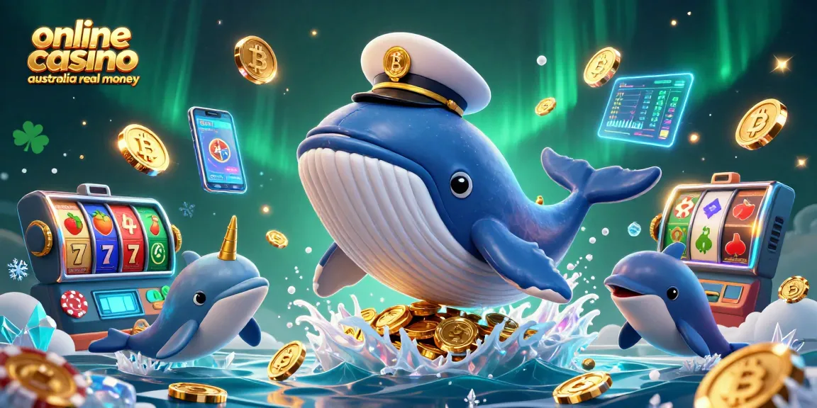 Engage in thrilling gameplay at an online casino Australia real money with festive whale and dolphins illustration.